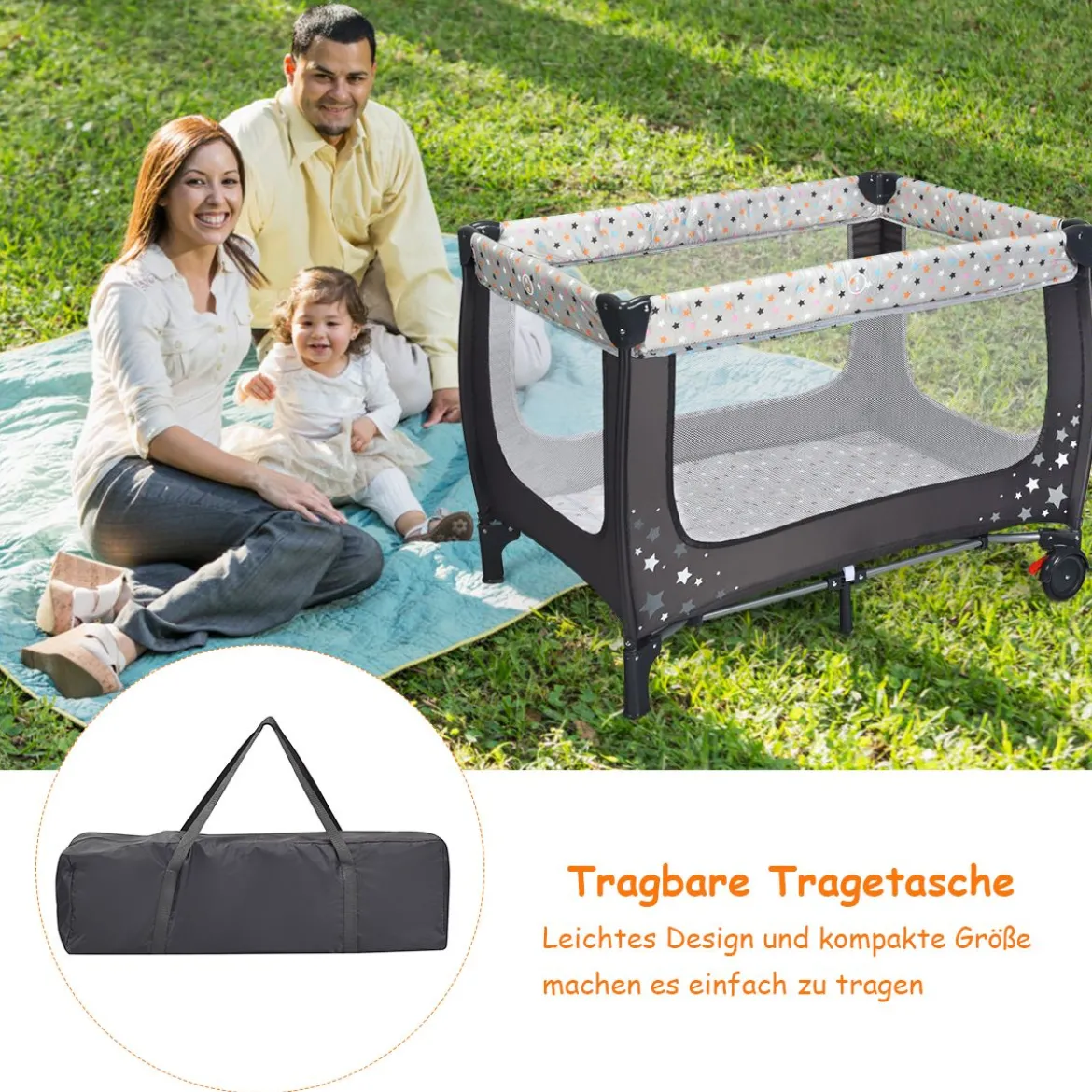 2 in 1 Reisebett & Laufstall Klappbar Kinderbett 125 x 65 x 76 cm Grau