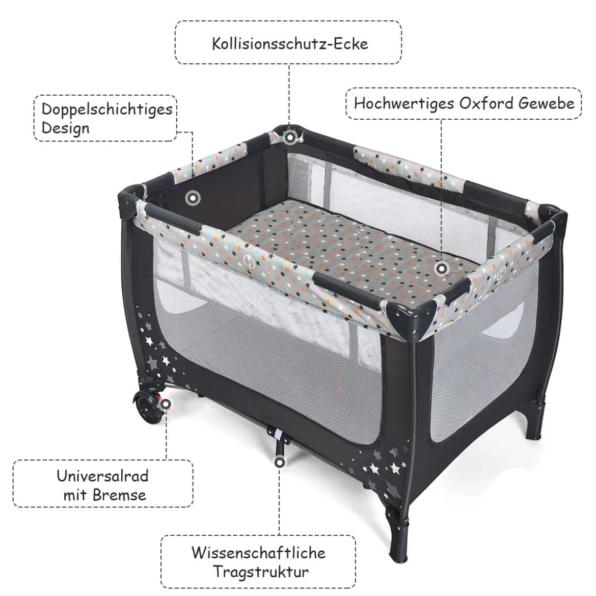 2 in 1 Reisebett & Laufstall Klappbar Kinderbett 125 x 65 x 76 cm Grau