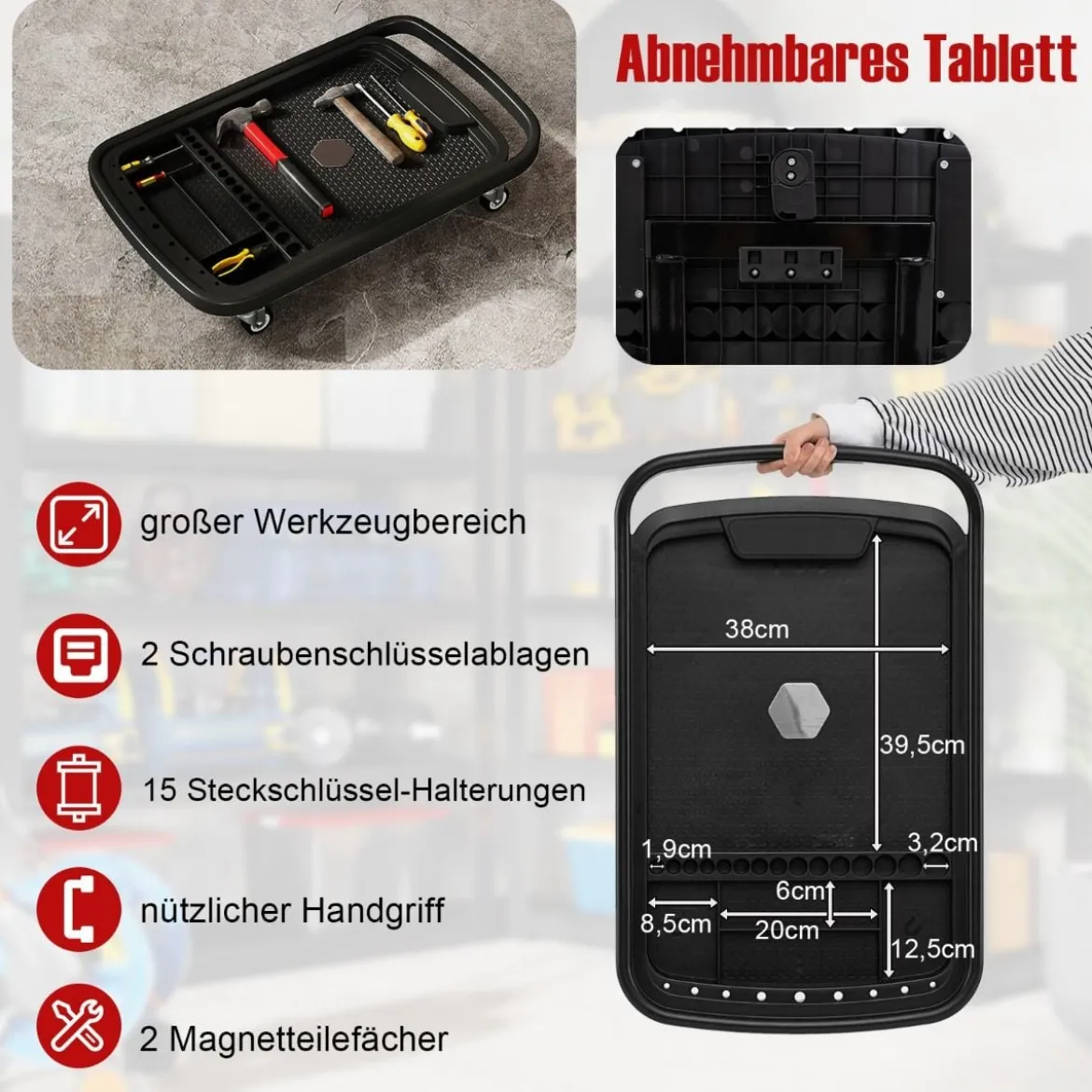 2 in 1 Rollbarer Werkzeugtisch mit Abnehmbarem Fach Höhenverstellbarer Arbeitstisch