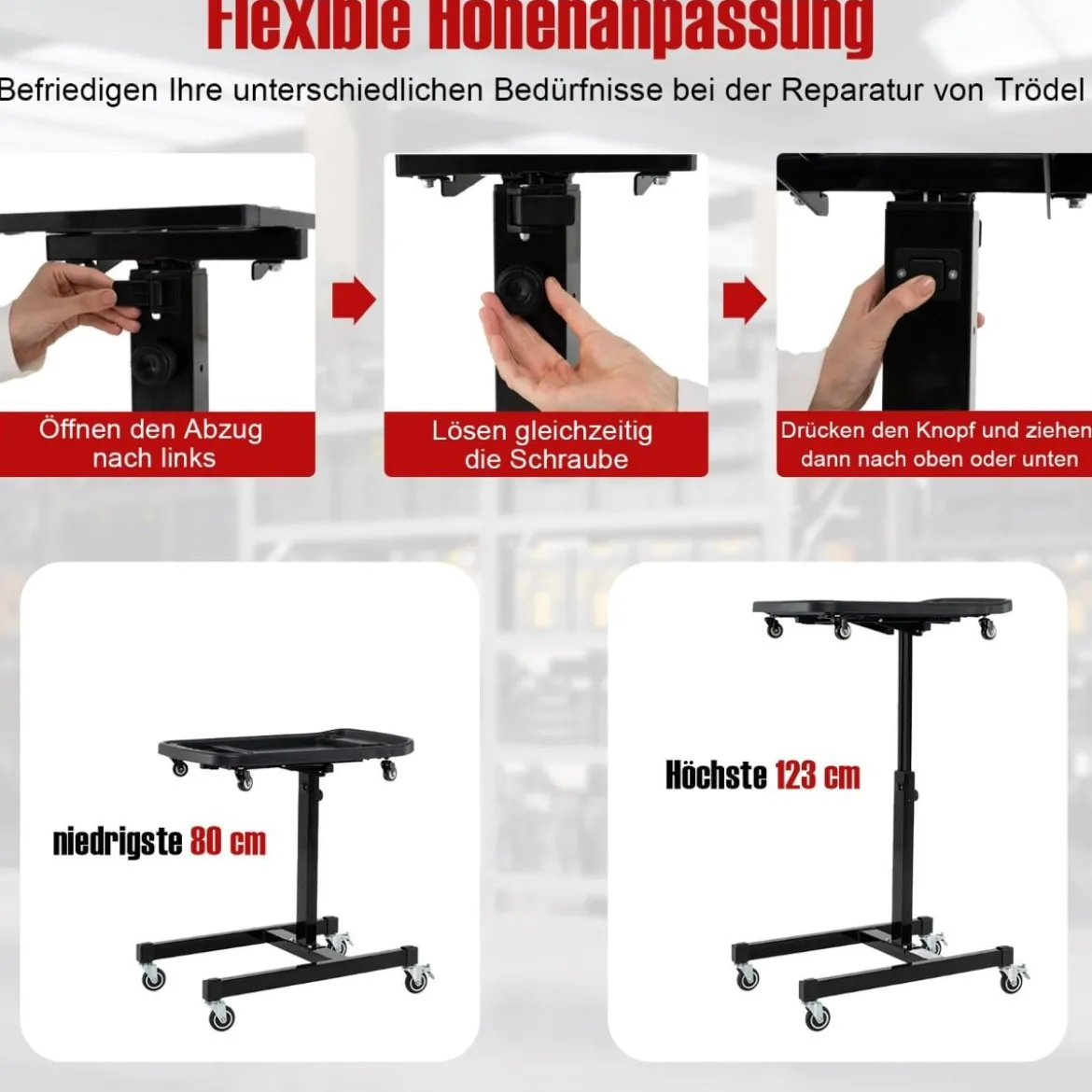 2 in 1 Rollbarer Werkzeugtisch mit Abnehmbarem Fach Höhenverstellbarer Arbeitstisch