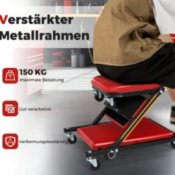 2 in 1 Rollbrett Werkstatt Montagerollbrett mit 6 Rollen & Gepolstertem Sitz bis 150 kg Belastbar Rot