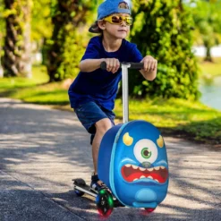 2-in-1-Rollkoffer/Scooter mit 3 Farbig Beleuchteten Rädern & Cartoon-Muster für Reisen Marineblau