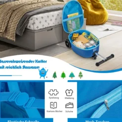 2-in-1-Rollkoffer/Scooter mit 3 Farbig Beleuchteten Rädern & Cartoon-Muster für Reisen Marineblau