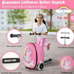 2-in-1-Rollkoffer & Scooter mit 3 Farbig Beleuchteten Rädern für Reisen Einhorn