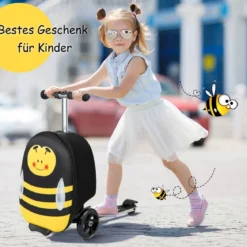 2-in-1-Rollkoffer/Scooter mit 3 Farbig Beleuchteten Rädern & Cartoon-Muster für Reisen Gelb