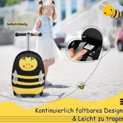2-in-1-Rollkoffer/Scooter mit 3 Farbig Beleuchteten Rädern & Cartoon-Muster für Reisen Gelb