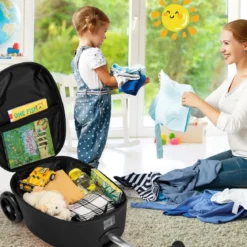 2-in-1-Rollkoffer/Scooter mit 3 Farbig Beleuchteten Rädern & Cartoon-Muster für Reisen Gelb