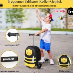 2-in-1-Rollkoffer/Scooter mit 3 Farbig Beleuchteten Rädern & Cartoon-Muster für Reisen Gelb
