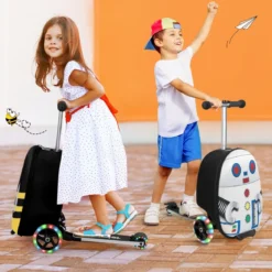 2-in-1-Rollkoffer/Scooter mit 3 Farbig Beleuchteten Rädern & Cartoon-Muster für Reisen Gelb