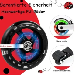 2-in-1-Rollkoffer/Scooter mit 3 Farbig Beleuchteten Rädern & Cartoon-Muster für Reisen Rot