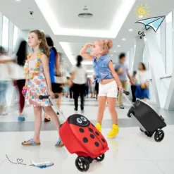 2-in-1-Rollkoffer/Scooter mit 3 Farbig Beleuchteten Rädern & Cartoon-Muster für Reisen Rot