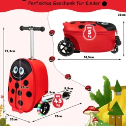 2-in-1-Rollkoffer/Scooter mit 3 Farbig Beleuchteten Rädern & Cartoon-Muster für Reisen Rot