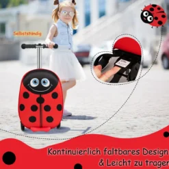 2-in-1-Rollkoffer/Scooter mit 3 Farbig Beleuchteten Rädern & Cartoon-Muster für Reisen Rot