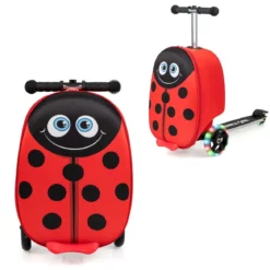 2-in-1-Rollkoffer/Scooter mit 3 Farbig Beleuchteten Rädern & Cartoon-Muster für Reisen Rot
