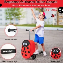 2-in-1-Rollkoffer/Scooter mit 3 Farbig Beleuchteten Rädern & Cartoon-Muster für Reisen Rot