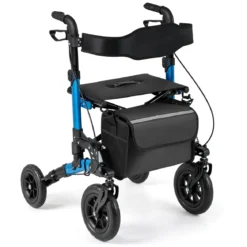 2 in 1 Rollstuhl & Reiserollator mit Sitz bis 136 kg Faltbarer Rollator Aluminium Gehhilfe Blau