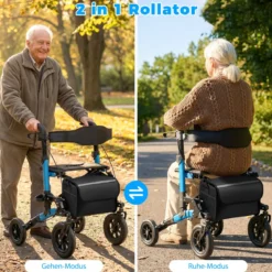 2 in 1 Rollstuhl & Reiserollator mit Sitz bis 136 kg Faltbarer Rollator Aluminium Gehhilfe Blau
