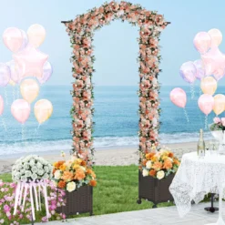 2 in 1 Rosenbogen mit Blumenkasten Gartenbogen aus Metall & PP Spalier Rankbogen Schwarz