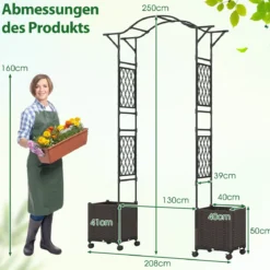 2 in 1 Rosenbogen mit Blumenkasten Gartenbogen aus Metall & PP Spalier Rankbogen Schwarz