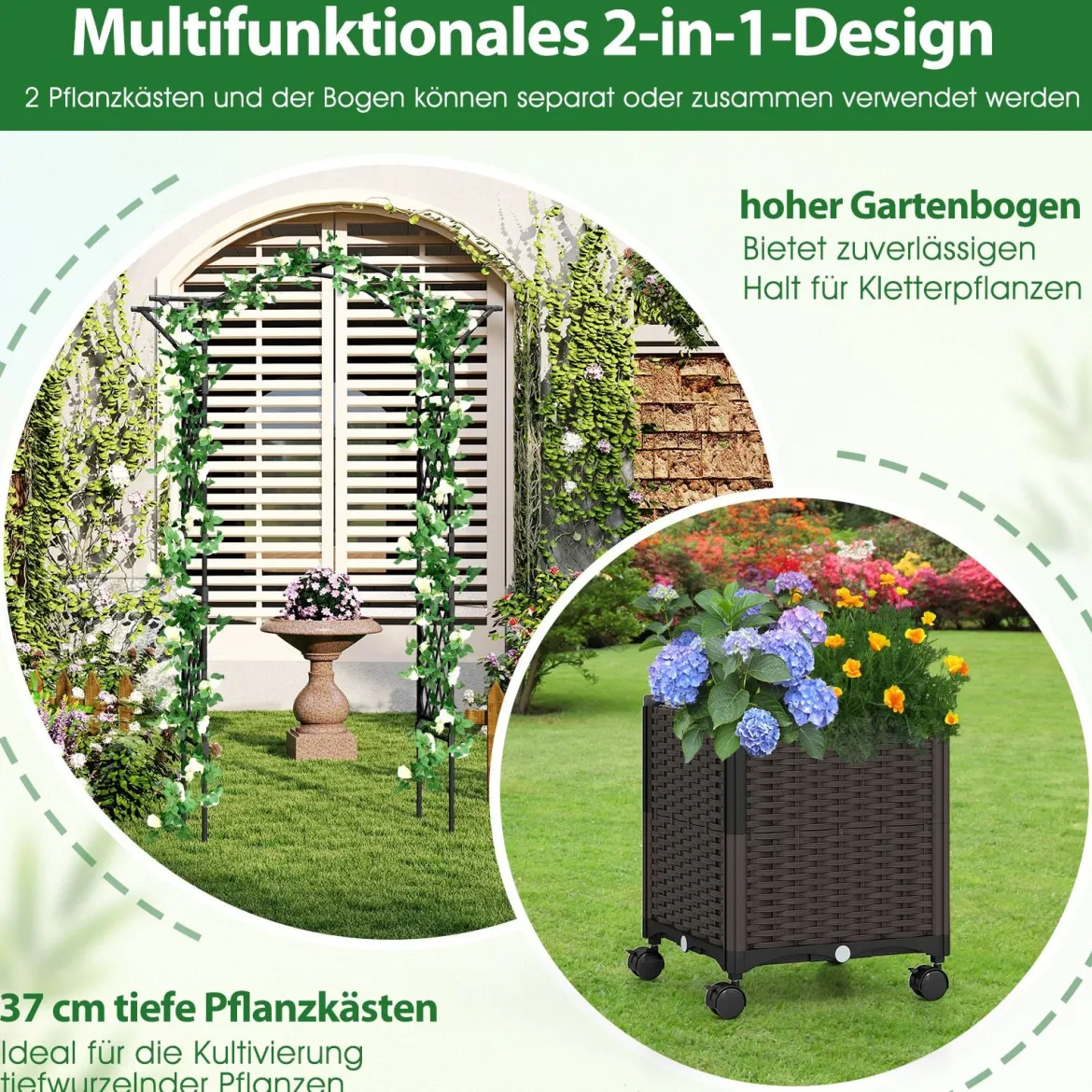 2 in 1 Rosenbogen mit Blumenkasten Gartenbogen aus Metall & PP Spalier Rankbogen Schwarz