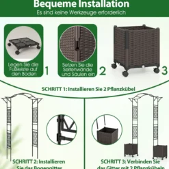 2 in 1 Rosenbogen mit Blumenkasten Gartenbogen aus Metall & PP Spalier Rankbogen Schwarz