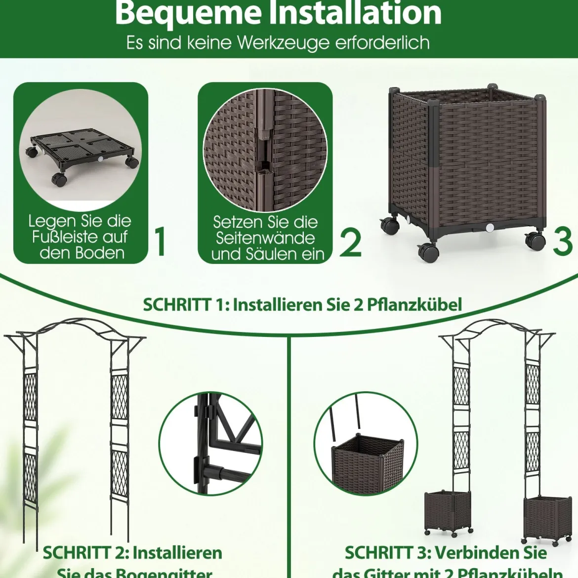 2 in 1 Rosenbogen mit Blumenkasten Gartenbogen aus Metall & PP Spalier Rankbogen Schwarz