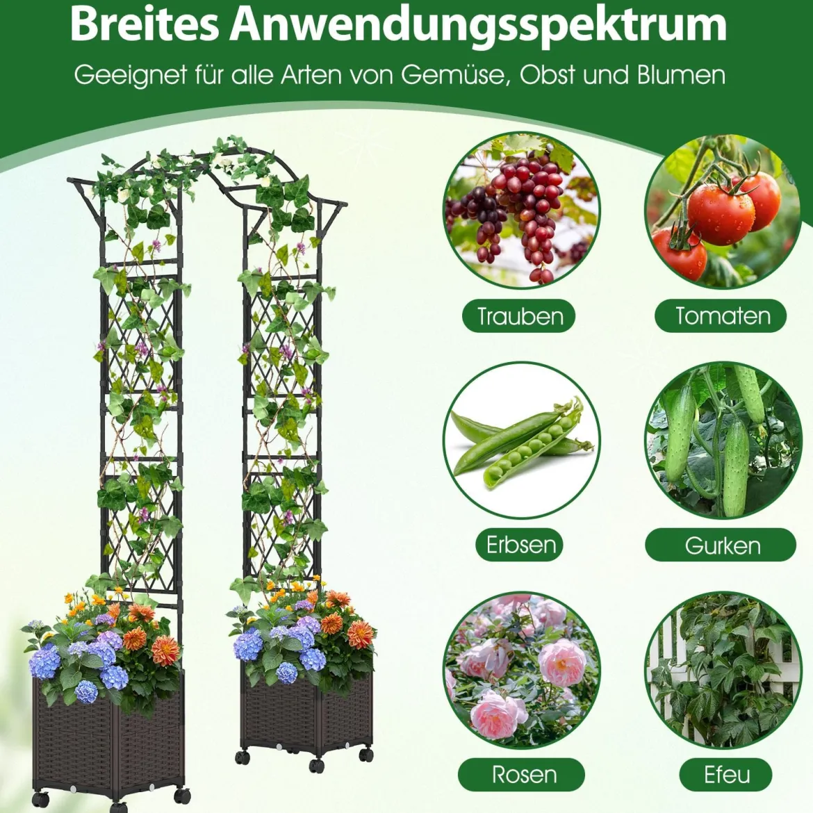 2 in 1 Rosenbogen mit Blumenkasten Gartenbogen aus Metall & PP Spalier Rankbogen Schwarz