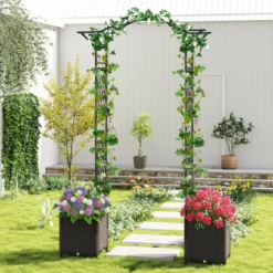 2 in 1 Rosenbogen mit Blumenkasten Gartenbogen aus Metall & PP Spalier Rankbogen Schwarz