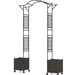 2 in 1 Rosenbogen mit Blumenkasten Gartenbogen aus Metall & PP Spalier Rankbogen Schwarz