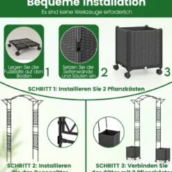 2 in 1 Rosenbogen mit Blumenkasten Gartenbogen aus Metall & PP Spalier Rankbogen Grau