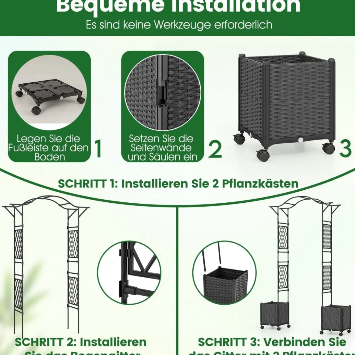 2 in 1 Rosenbogen mit Blumenkasten Gartenbogen aus Metall & PP Spalier Rankbogen Grau