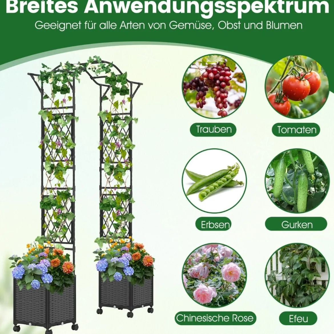 2 in 1 Rosenbogen mit Blumenkasten Gartenbogen aus Metall & PP Spalier Rankbogen Grau