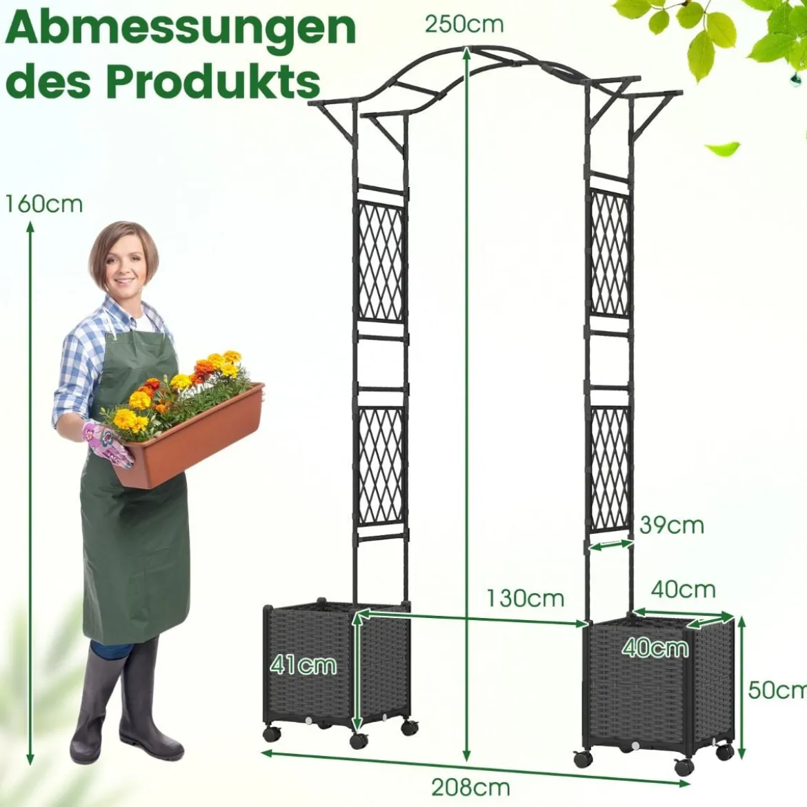 2 in 1 Rosenbogen mit Blumenkasten Gartenbogen aus Metall & PP Spalier Rankbogen Grau