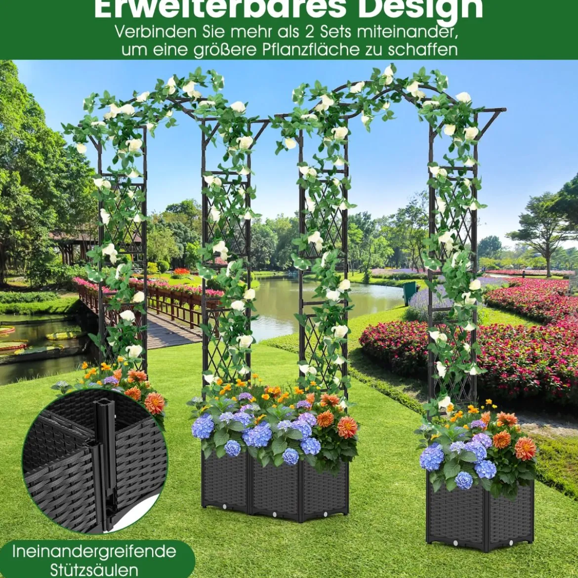 2 in 1 Rosenbogen mit Blumenkasten Gartenbogen aus Metall & PP Spalier Rankbogen Grau