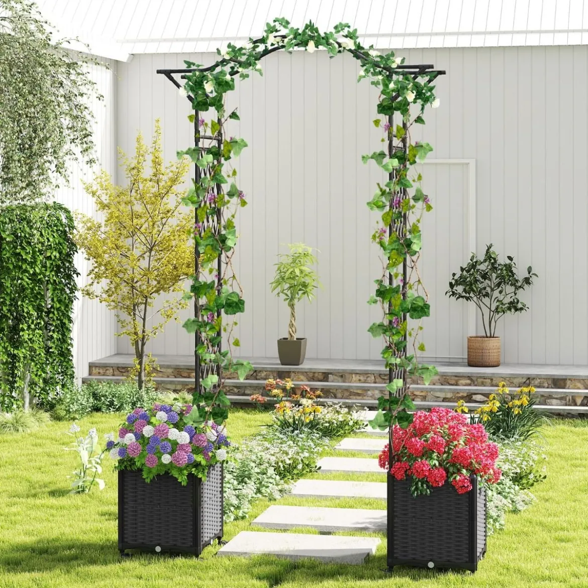 2 in 1 Rosenbogen mit Blumenkasten Gartenbogen aus Metall & PP Spalier Rankbogen Grau