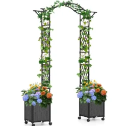 2 in 1 Rosenbogen mit Blumenkasten Gartenbogen aus Metall & PP Spalier Rankbogen Grau
