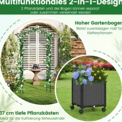 2 in 1 Rosenbogen mit Blumenkasten Gartenbogen aus Metall & PP Spalier Rankbogen Grau