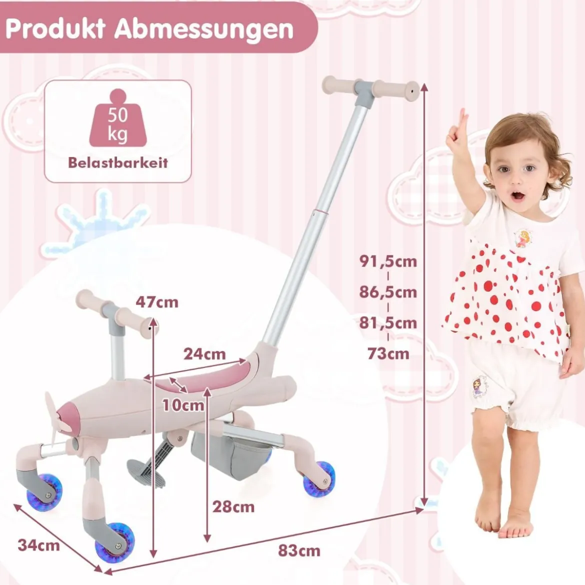 2-in-1-Rutschauto für Kinder Schiebewagen im Flugzeugmotiv mit LED-beleuchteten Rädern bis zu 50kg tragbar Blau/Rosa
