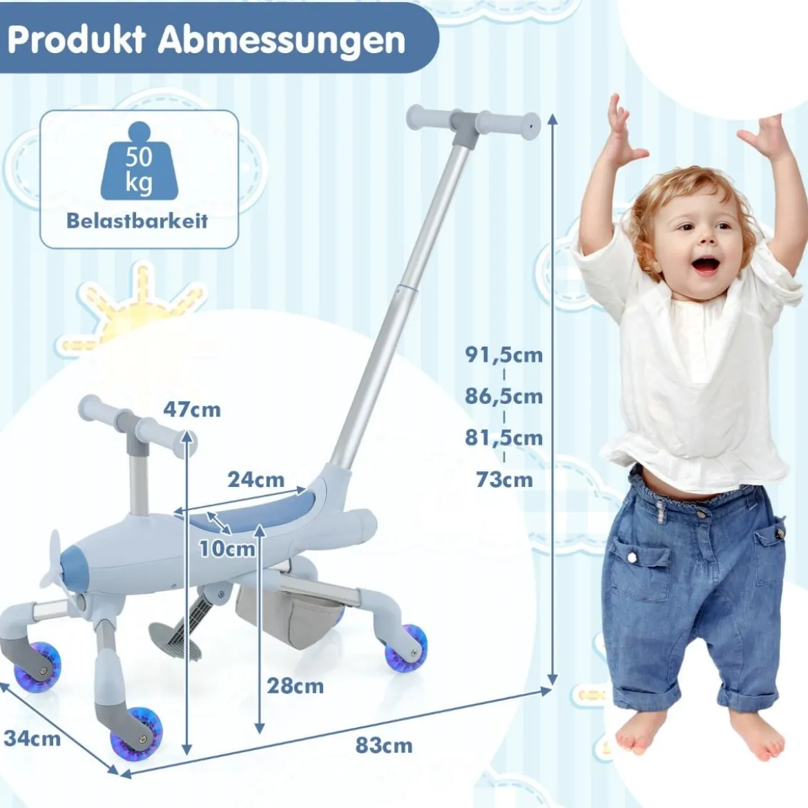 2-in-1-Rutschauto für Kinder Schiebewagen im Flugzeugmotiv mit LED-beleuchteten Rädern bis zu 50kg tragbar Blau/Rosa