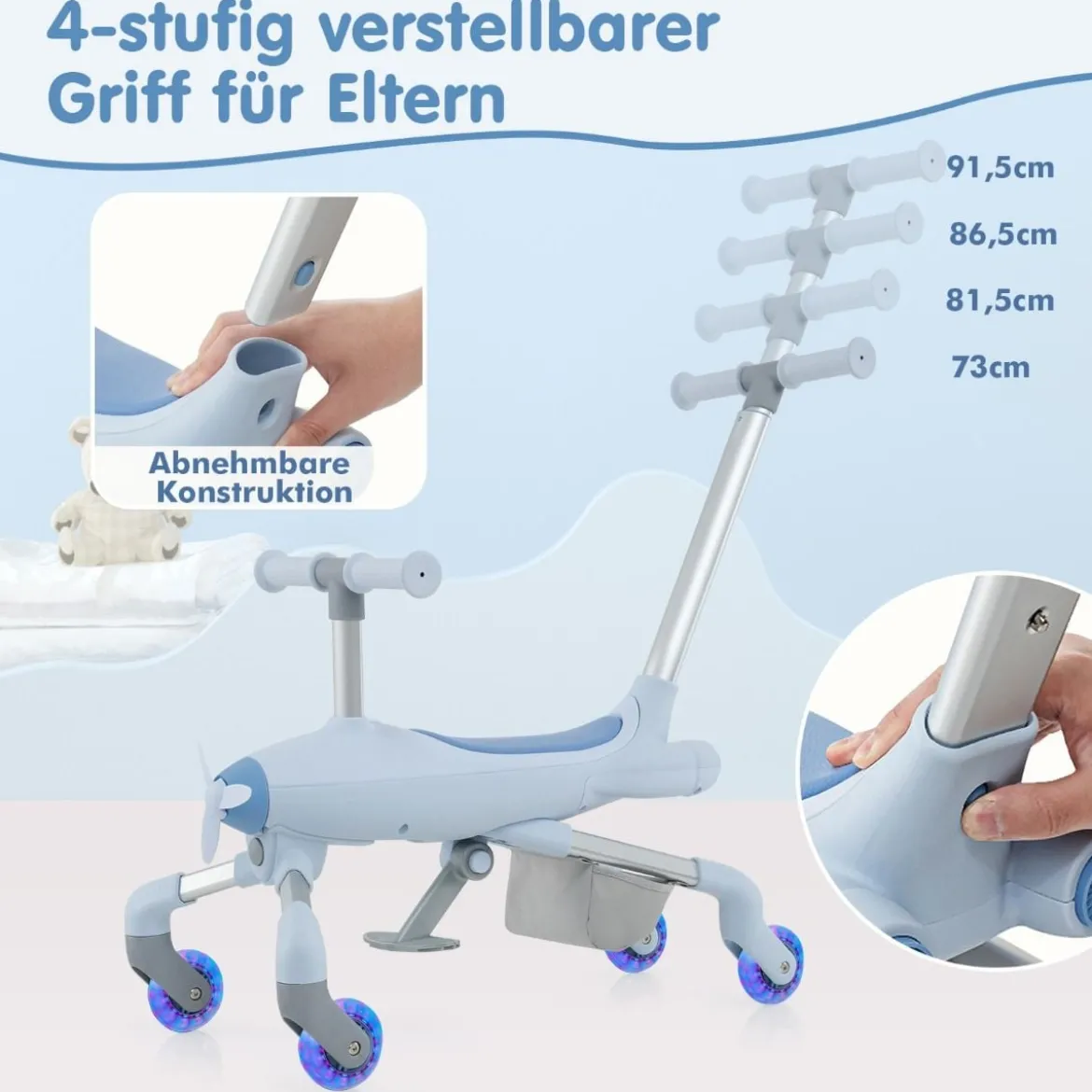 2-in-1-Rutschauto für Kinder Schiebewagen im Flugzeugmotiv mit LED-beleuchteten Rädern bis zu 50kg tragbar Blau/Rosa