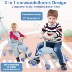 2-in-1-Rutschauto für Kinder Schiebewagen im Flugzeugmotiv mit LED-beleuchteten Rädern bis zu 50kg tragbar Blau/Rosa