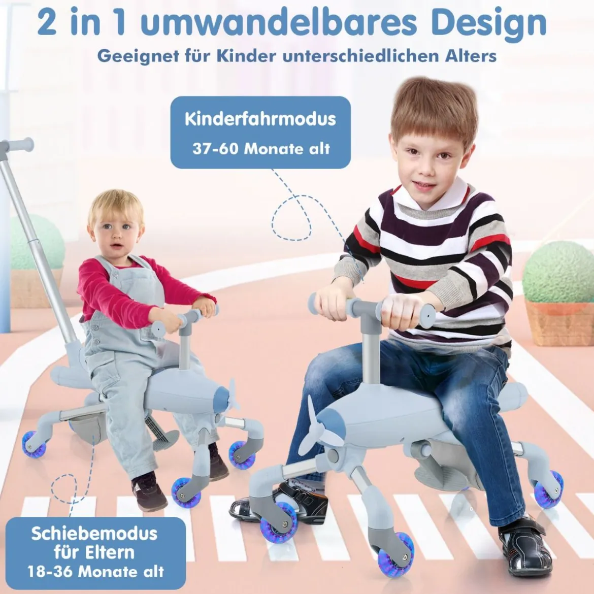 2-in-1-Rutschauto für Kinder Schiebewagen im Flugzeugmotiv mit LED-beleuchteten Rädern bis zu 50kg tragbar Blau/Rosa