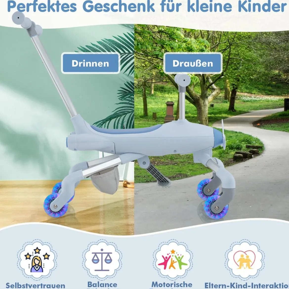 2-in-1-Rutschauto für Kinder Schiebewagen im Flugzeugmotiv mit LED-beleuchteten Rädern bis zu 50kg tragbar Blau/Rosa