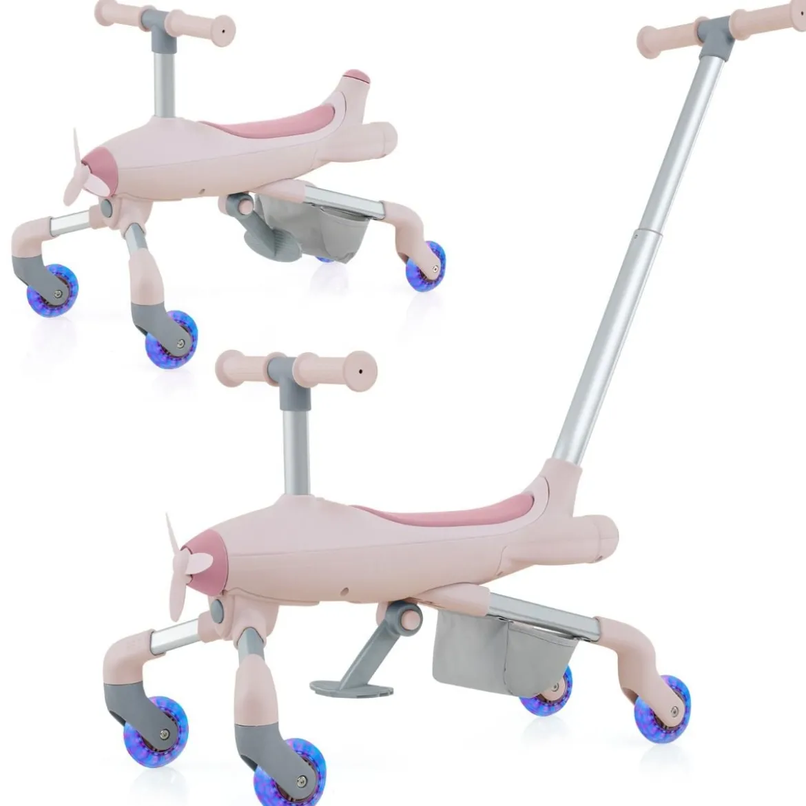 2-in-1-Rutschauto für Kinder Schiebewagen im Flugzeugmotiv mit LED-beleuchteten Rädern bis zu 50kg tragbar Blau/Rosa