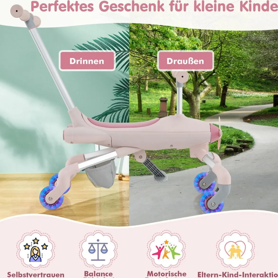 2-in-1-Rutschauto für Kinder Schiebewagen im Flugzeugmotiv mit LED-beleuchteten Rädern bis zu 50kg tragbar Blau/Rosa