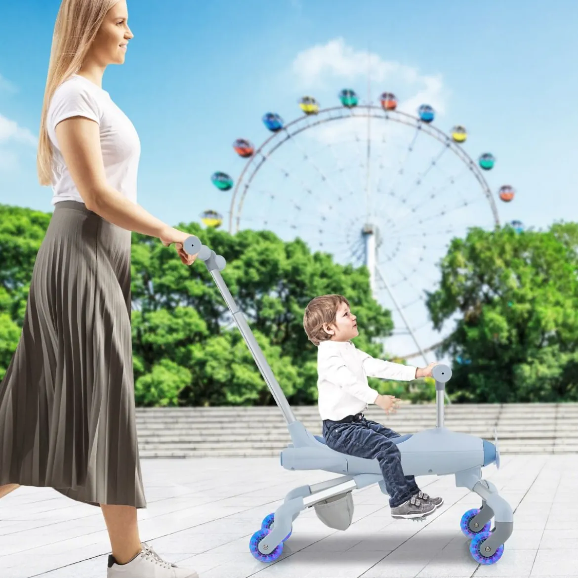 2-in-1-Rutschauto für Kinder Schiebewagen im Flugzeugmotiv mit LED-beleuchteten Rädern bis zu 50kg tragbar Blau/Rosa
