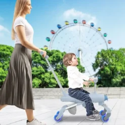 2-in-1-Rutschauto für Kinder Schiebewagen im Flugzeugmotiv mit LED-beleuchteten Rädern bis zu 50kg tragbar Blau/Rosa