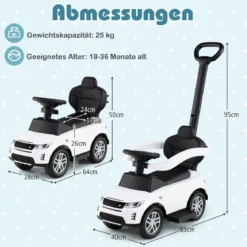 3-in-1 Rutschauto mit Schiebestange Rutschfahrzeug mit Abnehmbarem Griff Rutscher Auto Weiß