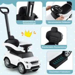 3-in-1 Rutschauto mit Schiebestange Rutschfahrzeug mit Abnehmbarem Griff Rutscher Auto Weiß