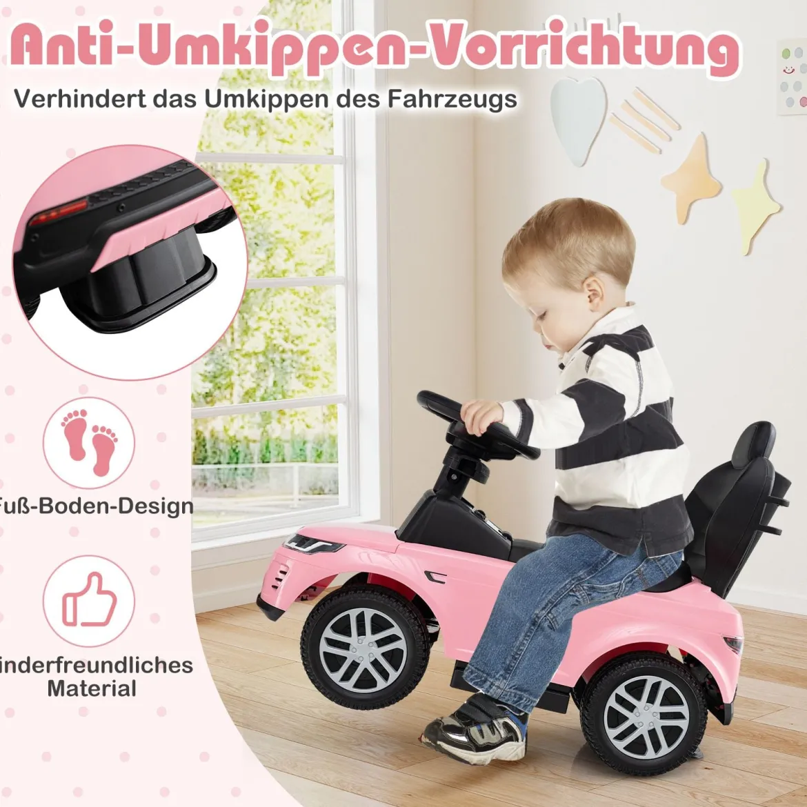 3-in-1 Rutschauto mit Schiebestange Rutschfahrzeug mit Abnehmbarem Griff Rutscher Auto Rosa